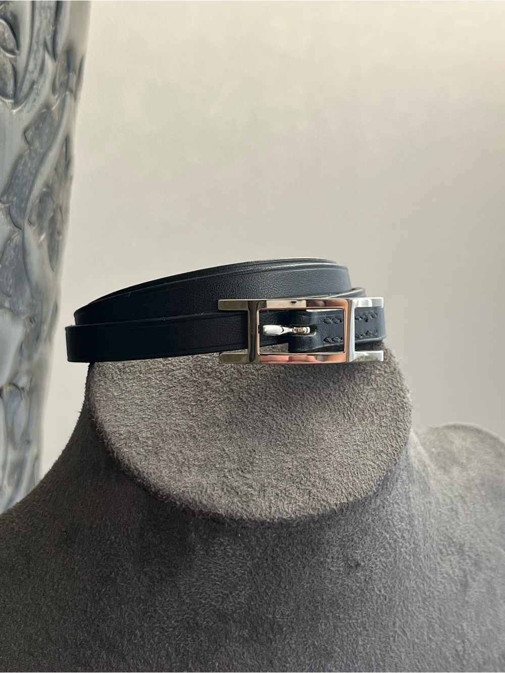 Authentic Hermès Silver H Buckle Black Leather Bracelet Choker Necklace